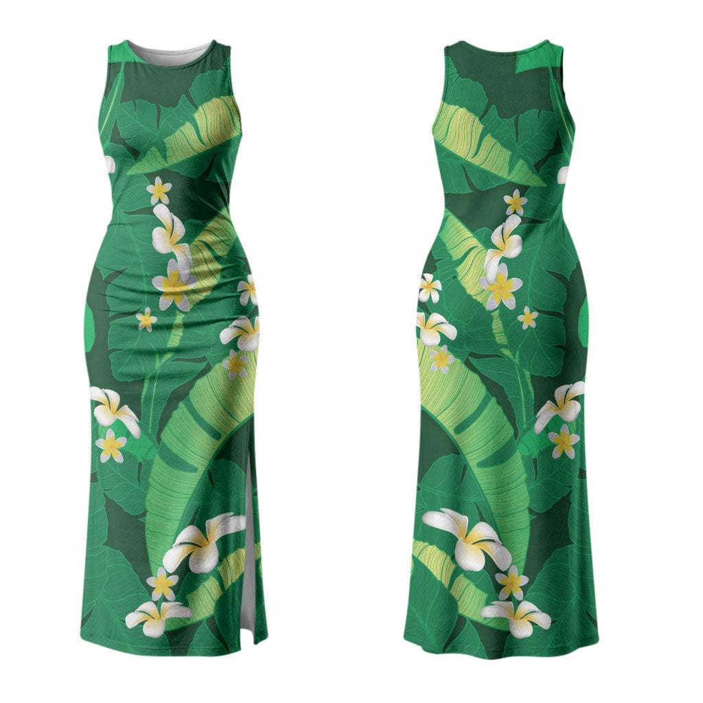 Green Banana Leaf Hawaii Family Matching Tank Maxi Dress and Hawaiian Shirt Lau Maia Plumeria Tropical Summer Vibes LT14 Mom's Dress Green - Polynesian Pride