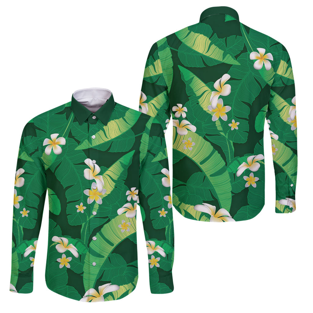 Green Banana Leaf Hawaii Family Matching Tank Maxi Dress and Hawaiian Shirt Lau Maia Plumeria Tropical Summer Vibes LT14 Dad's Shirt - Long Sleeve Green - Polynesian Pride