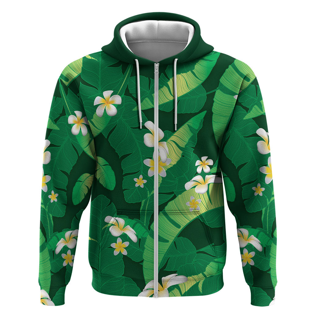 Green Banana Leaf Hawaii Hoodie Lau Maia Plumeria Tropical Summer Vibes LT14 Zip Hoodie Green - Polynesian Pride