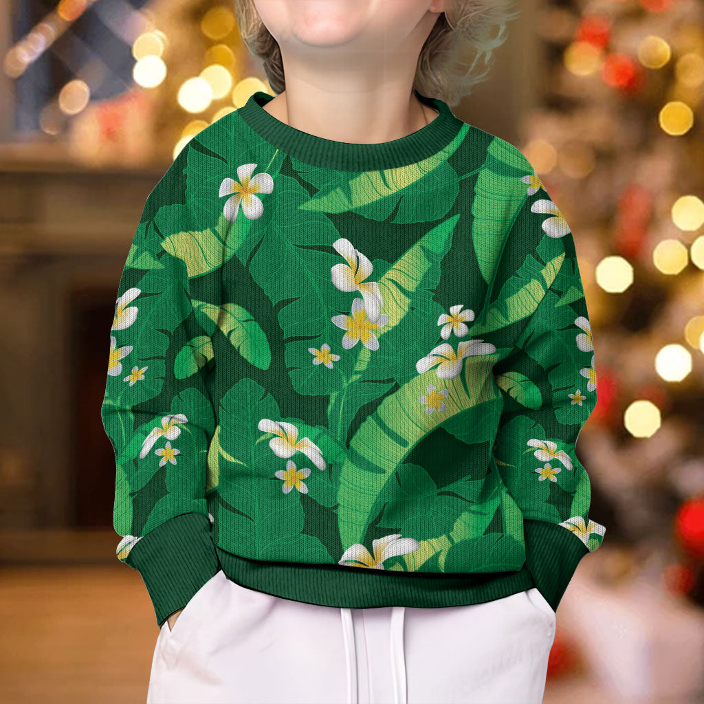 Green Banana Leaf Hawaii Kid Ugly Christmas Sweater Lau Maia Plumeria Tropical Summer Vibes