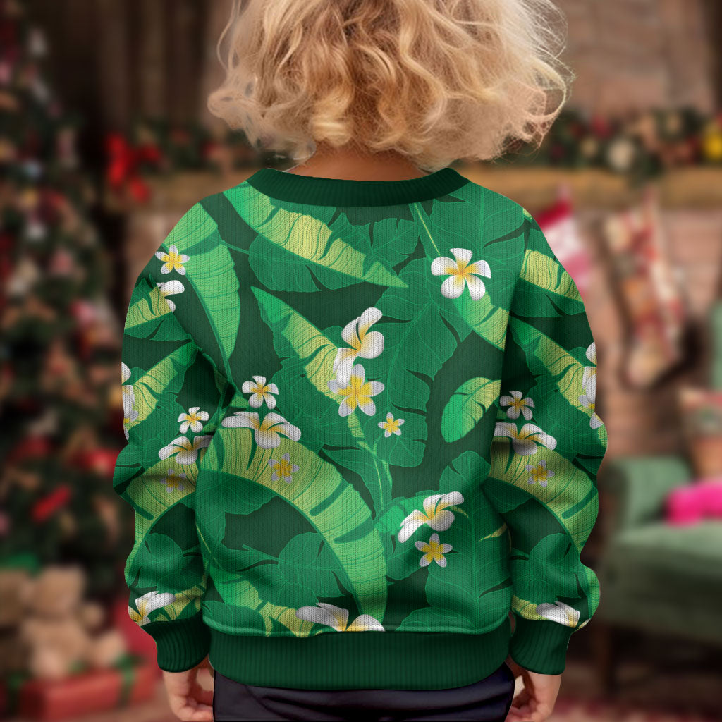 Green Banana Leaf Hawaii Kid Ugly Christmas Sweater Lau Maia Plumeria Tropical Summer Vibes