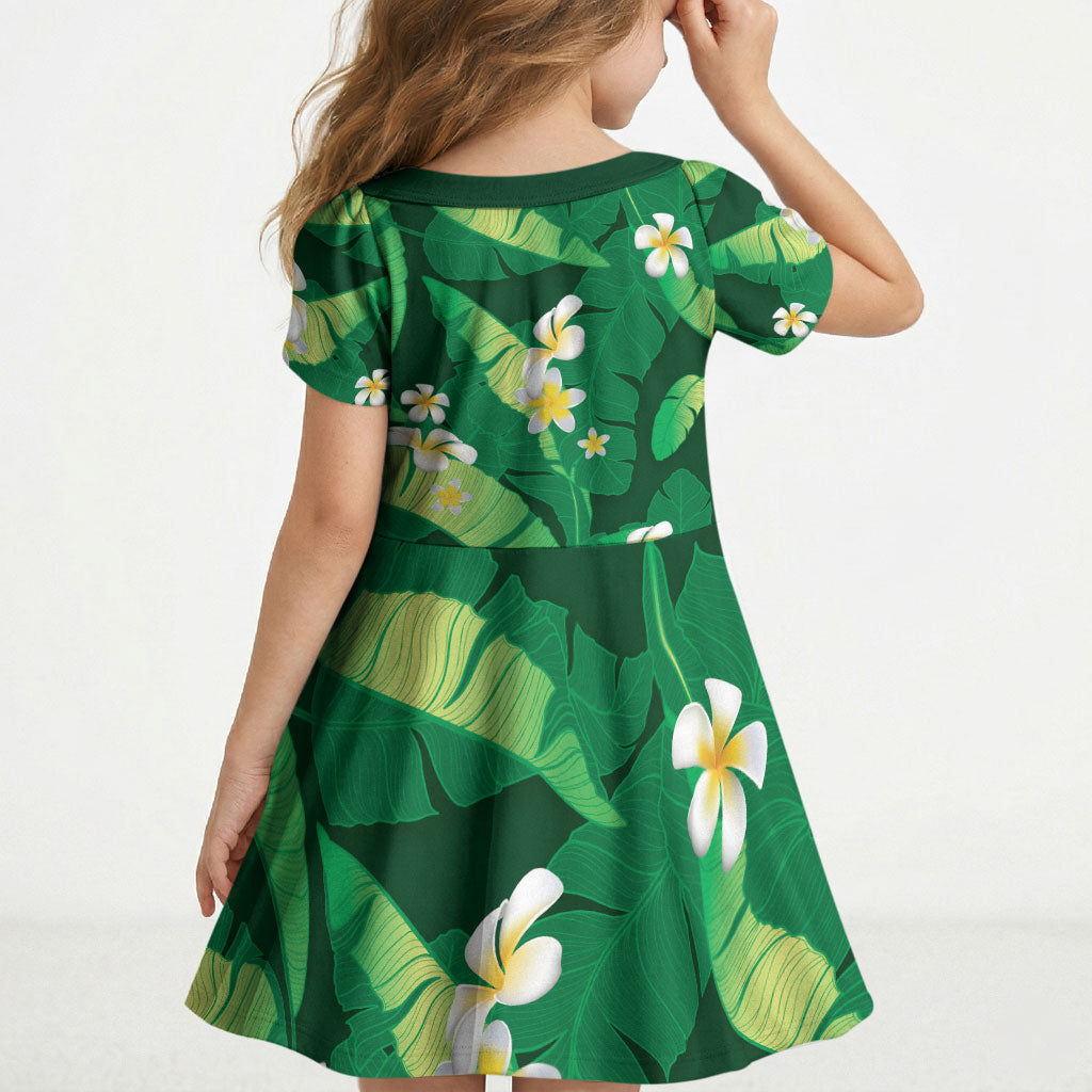 Green Banana Leaf Hawaii Kid Short Sleeve Dress Lau Maia Plumeria Tropical Summer Vibes