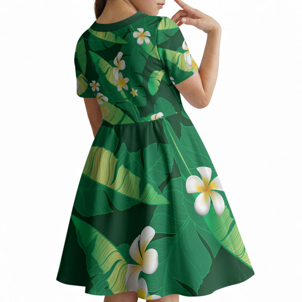 Green Banana Leaf Hawaii Kid Short Sleeve Dress Lau Maia Plumeria Tropical Summer Vibes