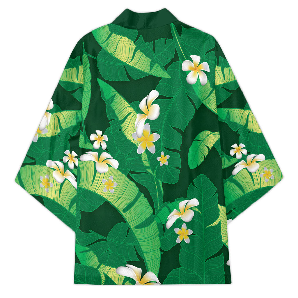 Green Banana Leaf Hawaii Kimono Lau Maia Plumeria Tropical Summer Vibes LT14 - Polynesian Pride