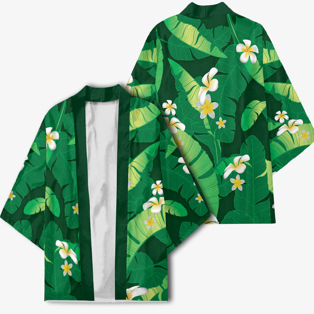 Green Banana Leaf Hawaii Kimono Lau Maia Plumeria Tropical Summer Vibes LT14 - Polynesian Pride