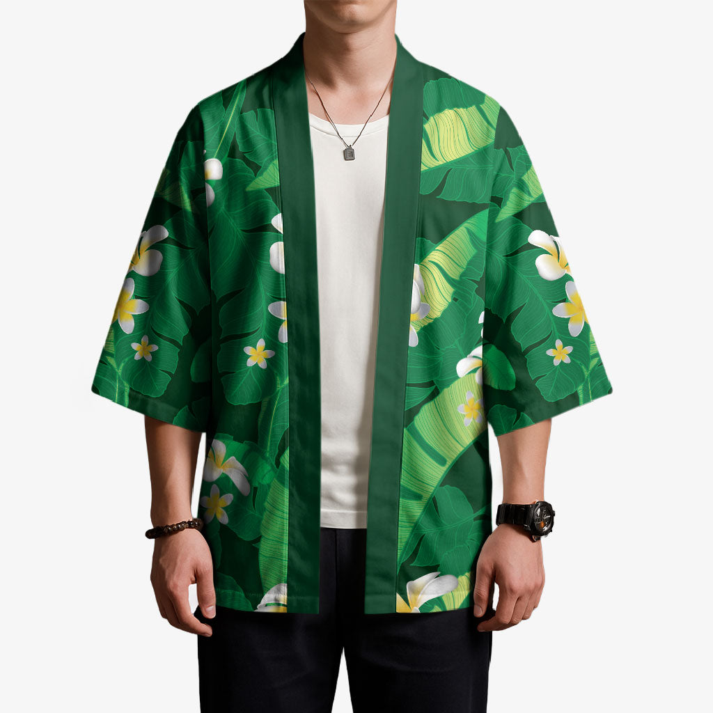 Green Banana Leaf Hawaii Kimono Lau Maia Plumeria Tropical Summer Vibes LT14 - Polynesian Pride