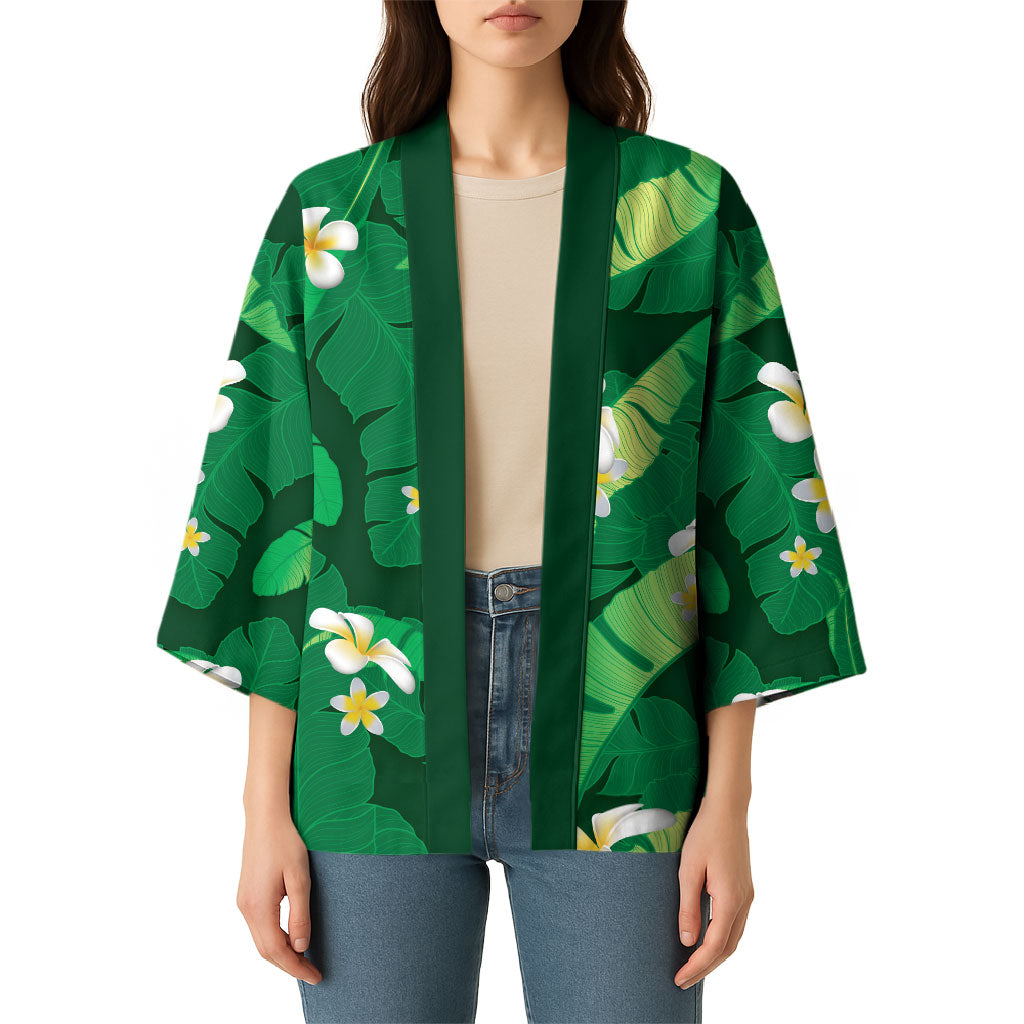 Green Banana Leaf Hawaii Kimono Lau Maia Plumeria Tropical Summer Vibes LT14 - Polynesian Pride