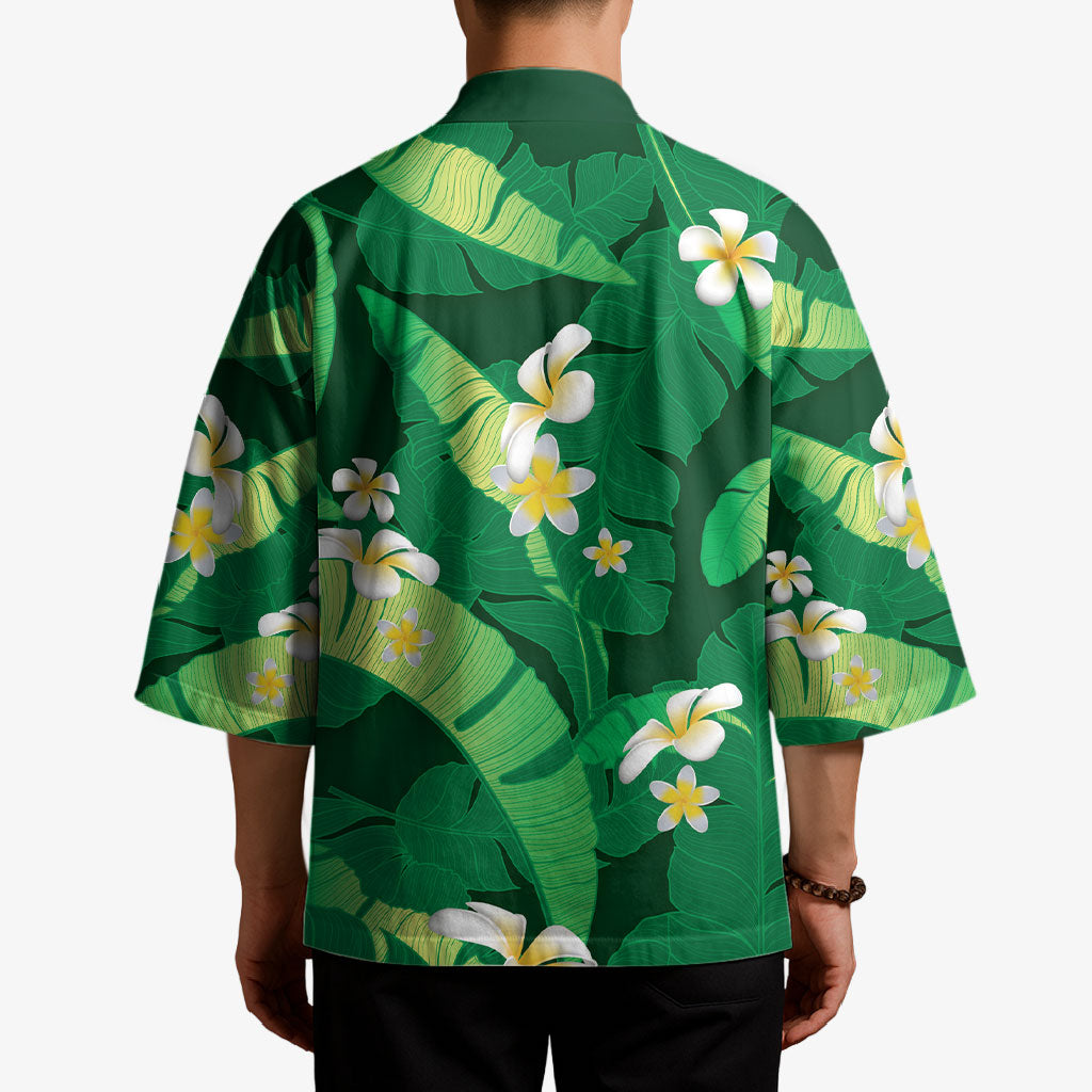 Green Banana Leaf Hawaii Kimono Lau Maia Plumeria Tropical Summer Vibes LT14 - Polynesian Pride