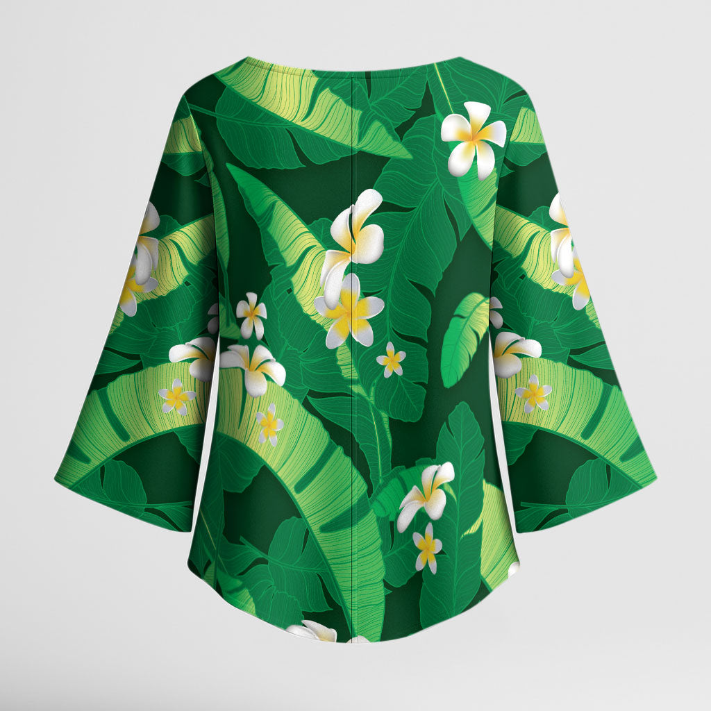 Green Banana Leaf Hawaii Kimono Sleeve Blouse Lau Maia Plumeria Tropical Summer Vibes LT14 - Polynesian Pride