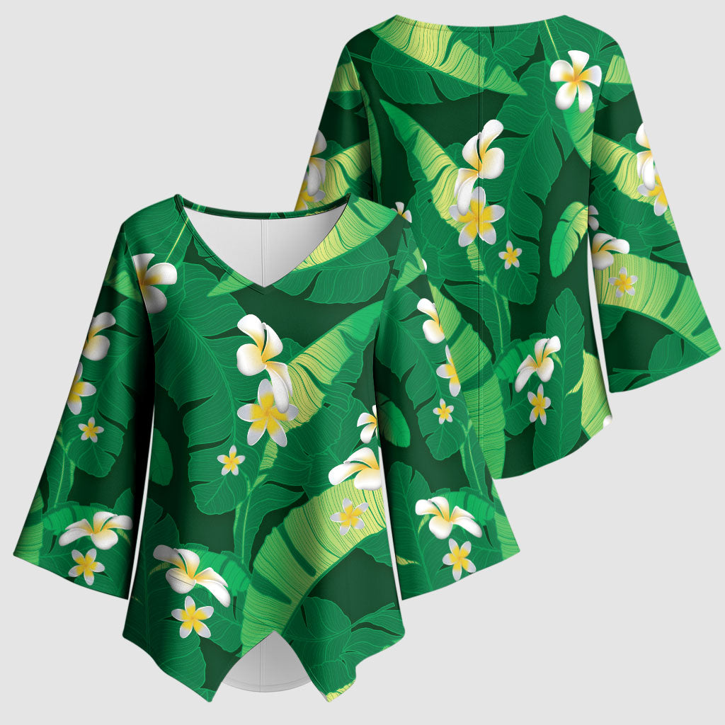 Green Banana Leaf Hawaii Kimono Sleeve Blouse Lau Maia Plumeria Tropical Summer Vibes LT14 - Polynesian Pride