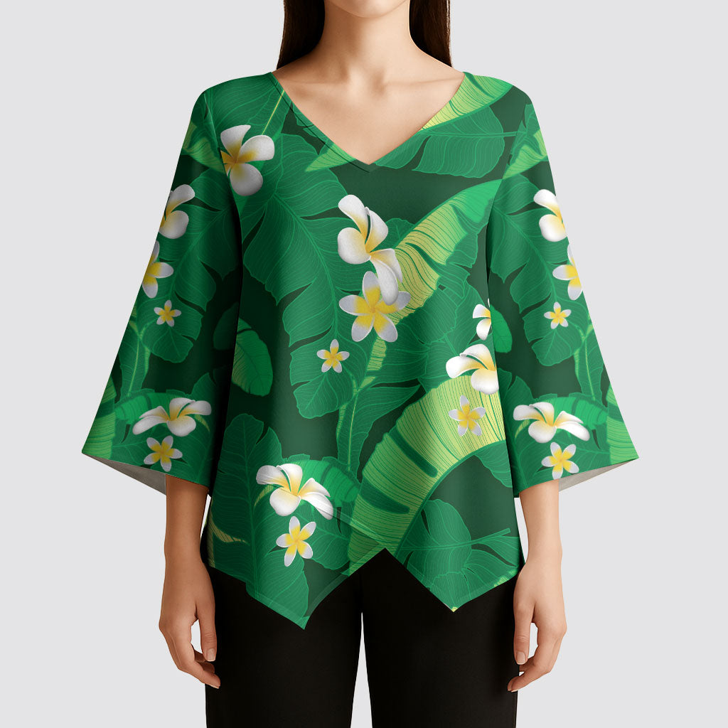 Green Banana Leaf Hawaii Kimono Sleeve Blouse Lau Maia Plumeria Tropical Summer Vibes LT14 - Polynesian Pride