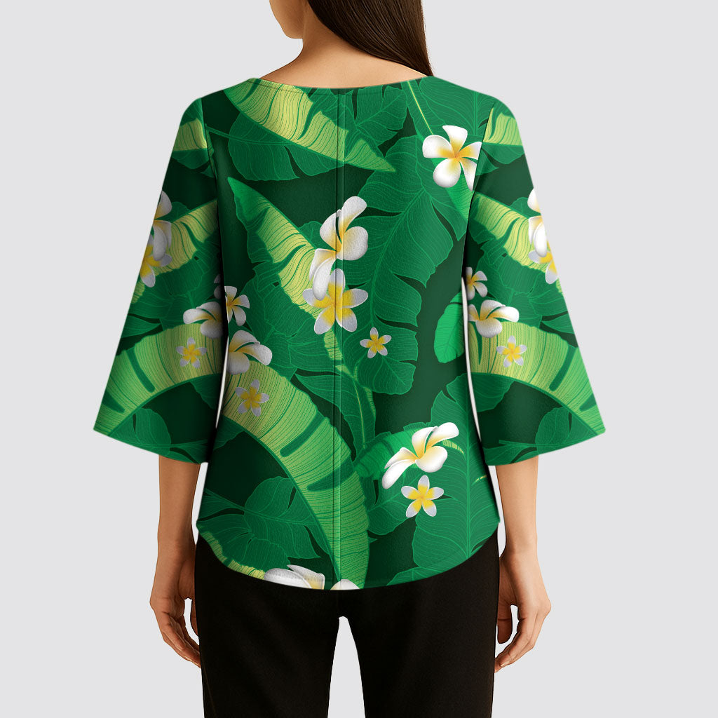 Green Banana Leaf Hawaii Kimono Sleeve Blouse Lau Maia Plumeria Tropical Summer Vibes LT14 - Polynesian Pride