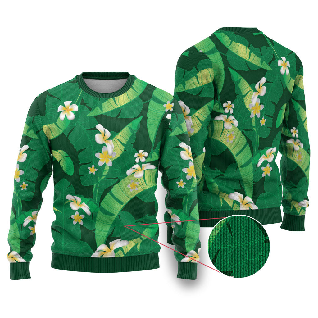 Green Banana Leaf Hawaii Ugly Christmas Sweater Lau Maia Plumeria Tropical Summer Vibes