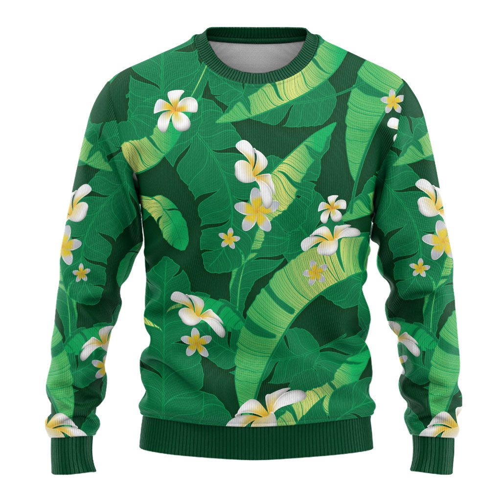 Green Banana Leaf Hawaii Ugly Christmas Sweater Lau Maia Plumeria Tropical Summer Vibes