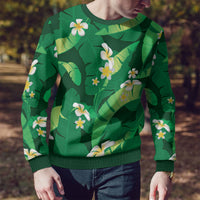 Green Banana Leaf Hawaii Ugly Christmas Sweater Lau Maia Plumeria Tropical Summer Vibes