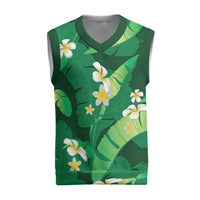 Green Banana Leaf Hawaii Christmas Knitted V-Neck Vest Lau Maia Plumeria Tropical Summer Vibes