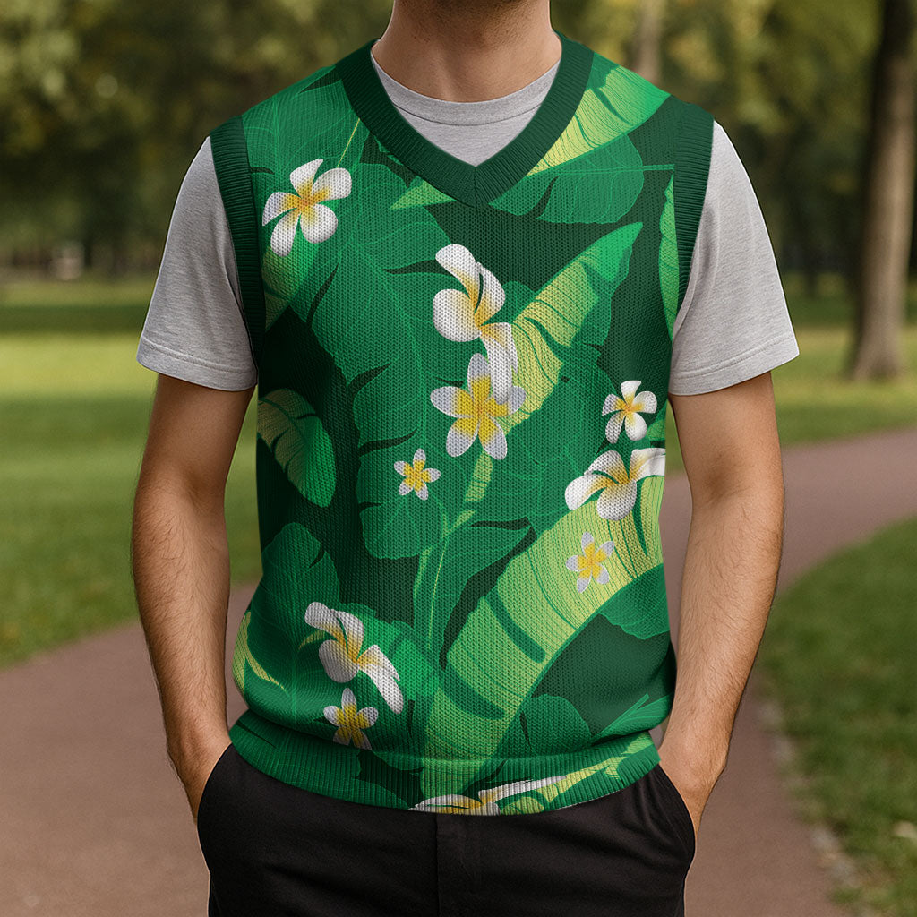 Green Banana Leaf Hawaii Christmas Knitted V-Neck Vest Lau Maia Plumeria Tropical Summer Vibes