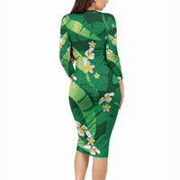 Green Banana Leaf Hawaii Long Sleeve Bodycon Dress Lau Maia Plumeria Tropical Summer Vibes LT14 - Polynesian Pride
