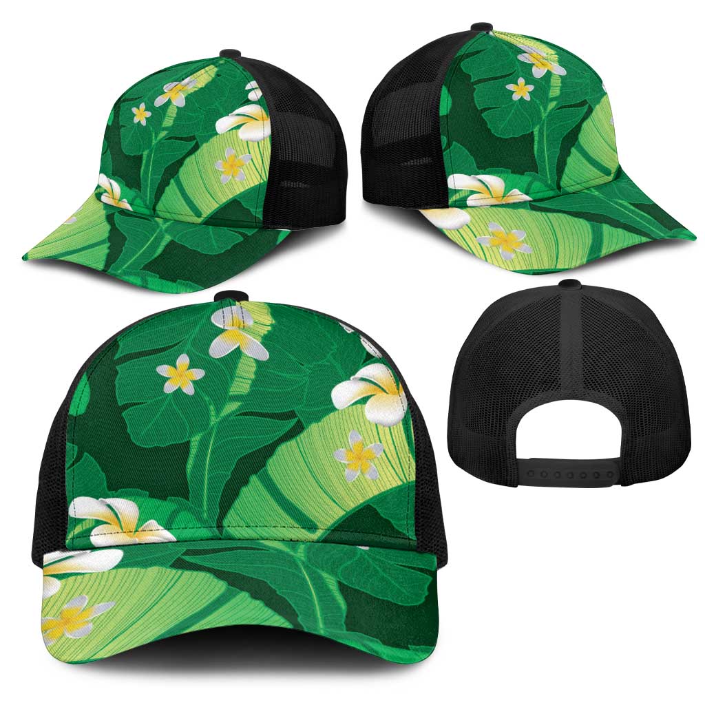 Green Banana Leaf Hawaii Mesh Trucker Cap Lau Maia Plumeria Tropical Summer Vibes LT14 - Polynesian Pride