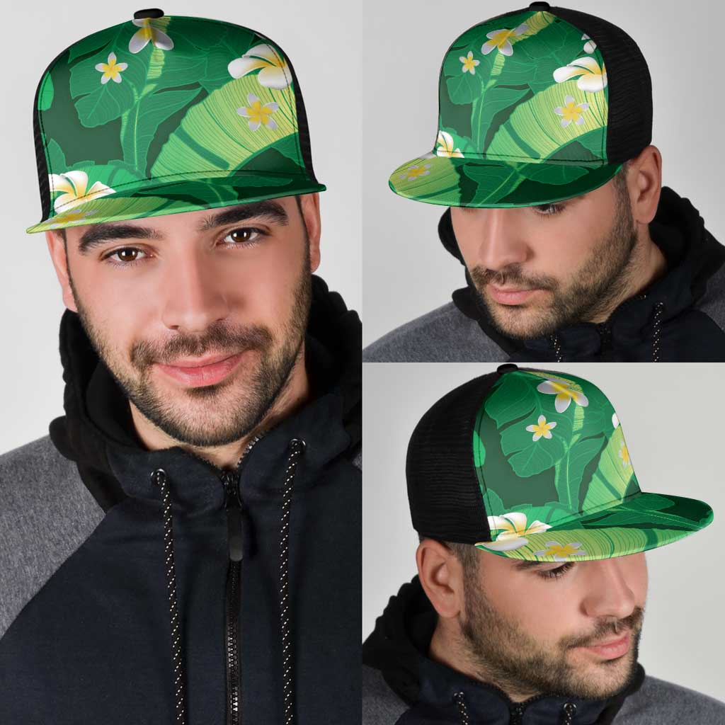 Green Banana Leaf Hawaii Mesh Trucker Cap Lau Maia Plumeria Tropical Summer Vibes LT14 - Polynesian Pride