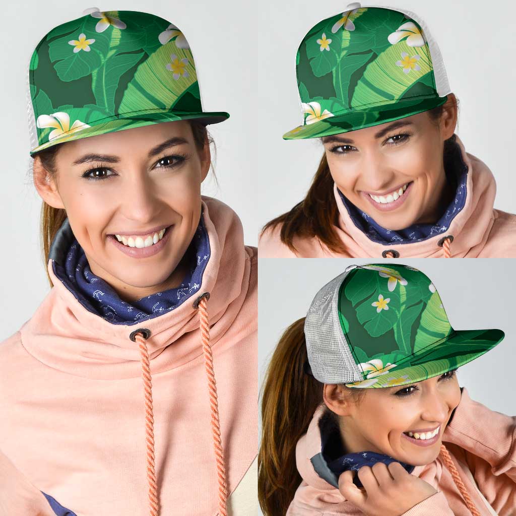 Green Banana Leaf Hawaii Mesh Trucker Cap Lau Maia Plumeria Tropical Summer Vibes LT14 - Polynesian Pride