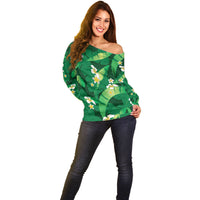 Green Banana Leaf Hawaii Off Shoulder Sweater Lau Maia Plumeria Tropical Summer Vibes LT14 - Polynesian Pride