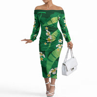 Green Banana Leaf Hawaii Off The Shoulder Long Sleeve Dress Lau Maia Plumeria Tropical Summer Vibes LT14 Women Green - Polynesian Pride