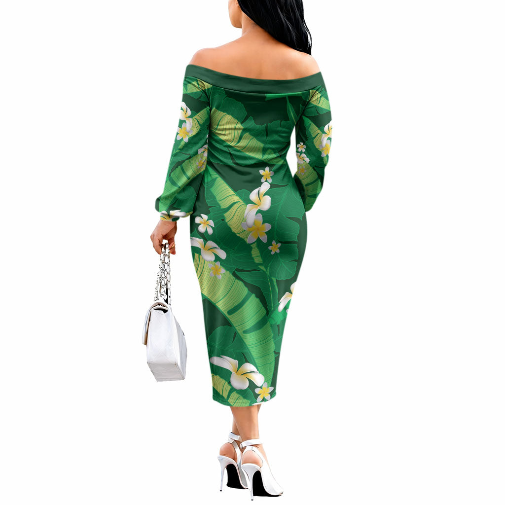Green Banana Leaf Hawaii Off The Shoulder Long Sleeve Dress Lau Maia Plumeria Tropical Summer Vibes LT14 - Polynesian Pride