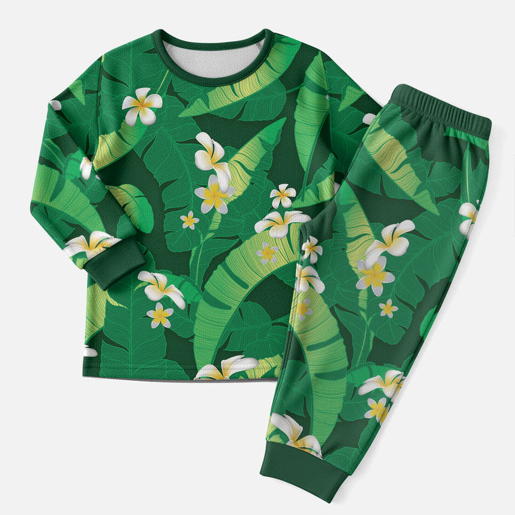 Green Banana Leaf Hawaii Christmas Pajama Set Lau Maia Plumeria Tropical Summer Vibes