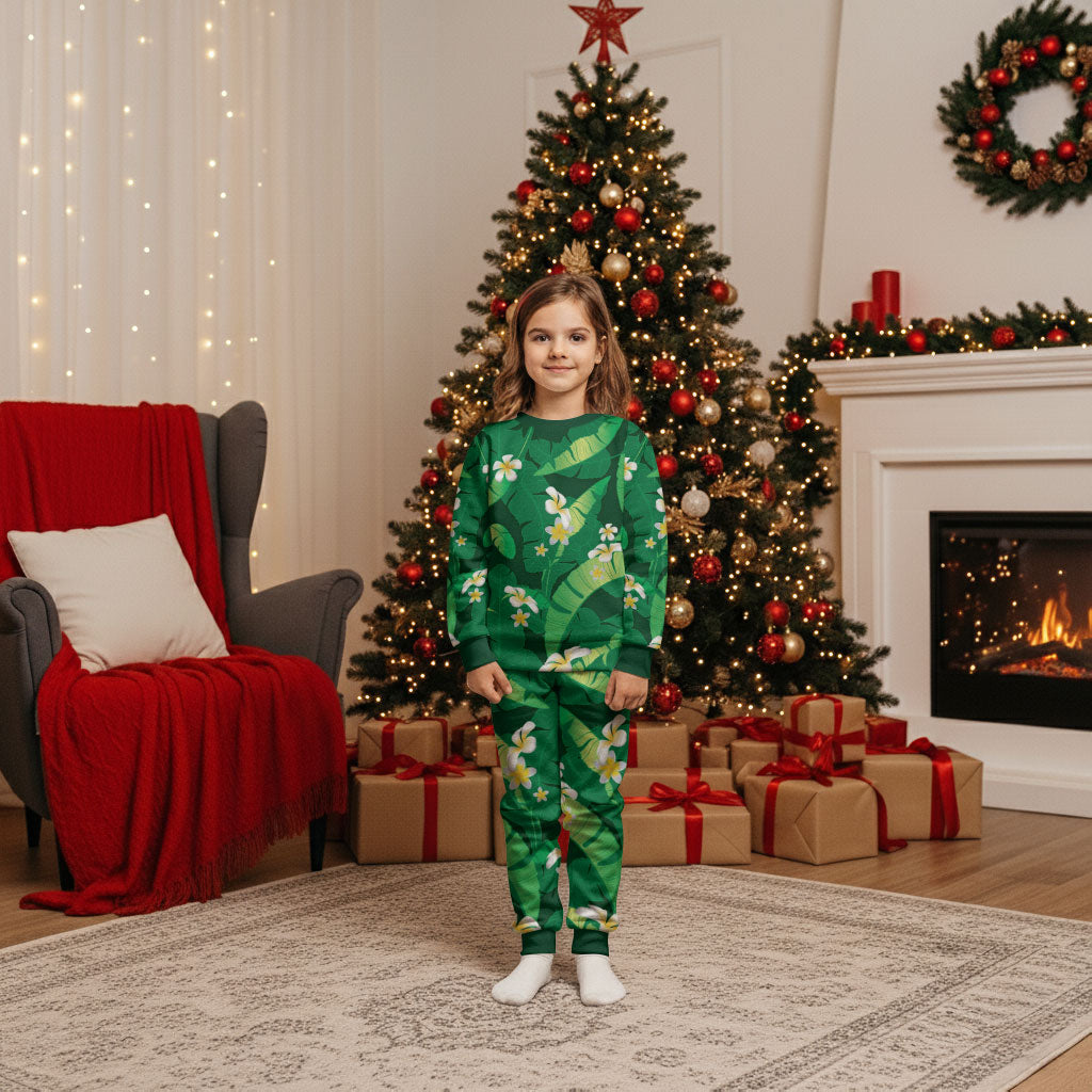 Green Banana Leaf Hawaii Christmas Pajama Set Lau Maia Plumeria Tropical Summer Vibes