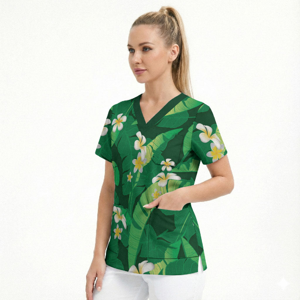 Green Banana Leaf Hawaii Scrub Top Lau Maia Plumeria Tropical Summer Vibes LT14 - Polynesian Pride
