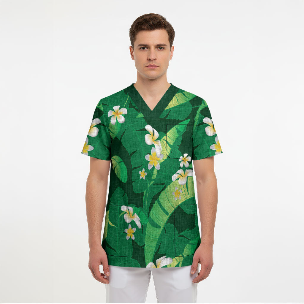 Green Banana Leaf Hawaii Scrub Top Lau Maia Plumeria Tropical Summer Vibes LT14 - Polynesian Pride