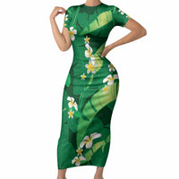 Green Banana Leaf Hawaii Short Sleeve Bodycon Dress Lau Maia Plumeria Tropical Summer Vibes LT14 Long Dress Green - Polynesian Pride