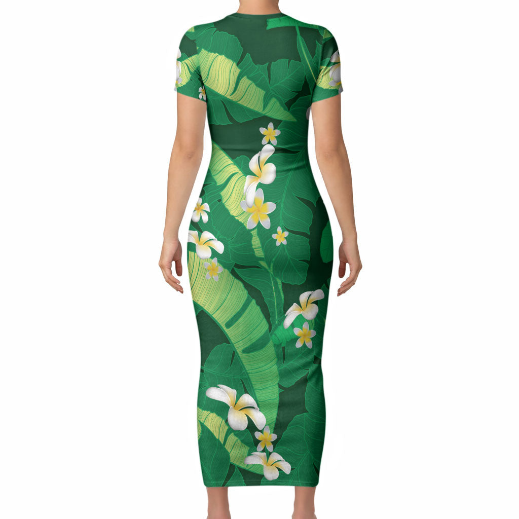 Green Banana Leaf Hawaii Short Sleeve Bodycon Dress Lau Maia Plumeria Tropical Summer Vibes LT14 - Polynesian Pride