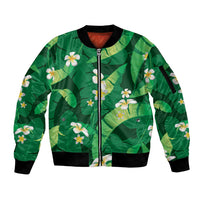 Green Banana Leaf Hawaii Sleeve Zip Bomber Jacket Lau Maia Plumeria Tropical Summer Vibes LT14 Unisex Green - Polynesian Pride