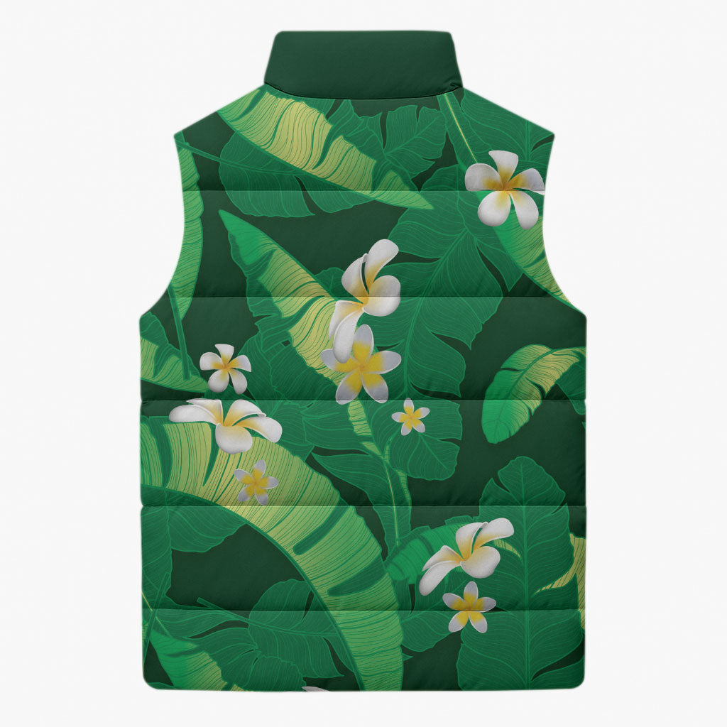 Green Banana Leaf Hawaii Sleeveless Puffer Jacket Lau Maia Plumeria Tropical Summer Vibes LT14 - Polynesian Pride