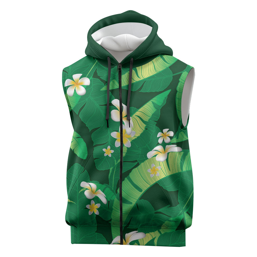 Green Banana Leaf Hawaii Sleeveless Zip Hoodie Lau Maia Plumeria Tropical Summer Vibes LT14 Green - Polynesian Pride