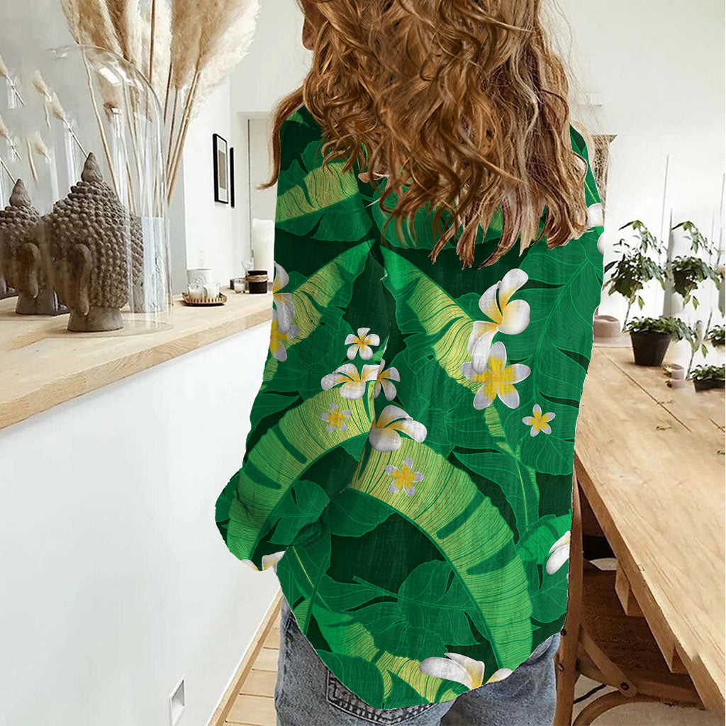 Green Banana Leaf Hawaii Women Casual Shirt Lau Maia Plumeria Tropical Summer Vibes LT14 - Polynesian Pride