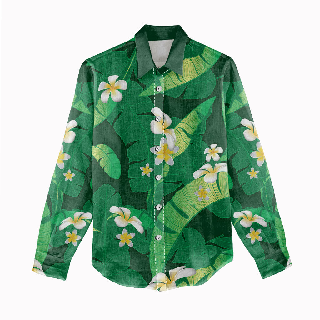 Green Banana Leaf Hawaii Women Casual Shirt Lau Maia Plumeria Tropical Summer Vibes LT14 - Polynesian Pride