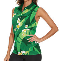 Green Banana Leaf Hawaii Women Sleeveless Polo Shirt Lau Maia Plumeria Tropical Summer Vibes LT14 - Polynesian Pride