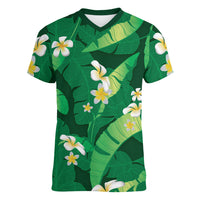 Green Banana Leaf Hawaii Women V-Neck T-Shirt Lau Maia Plumeria Tropical Summer Vibes LT14 Female Green - Polynesian Pride