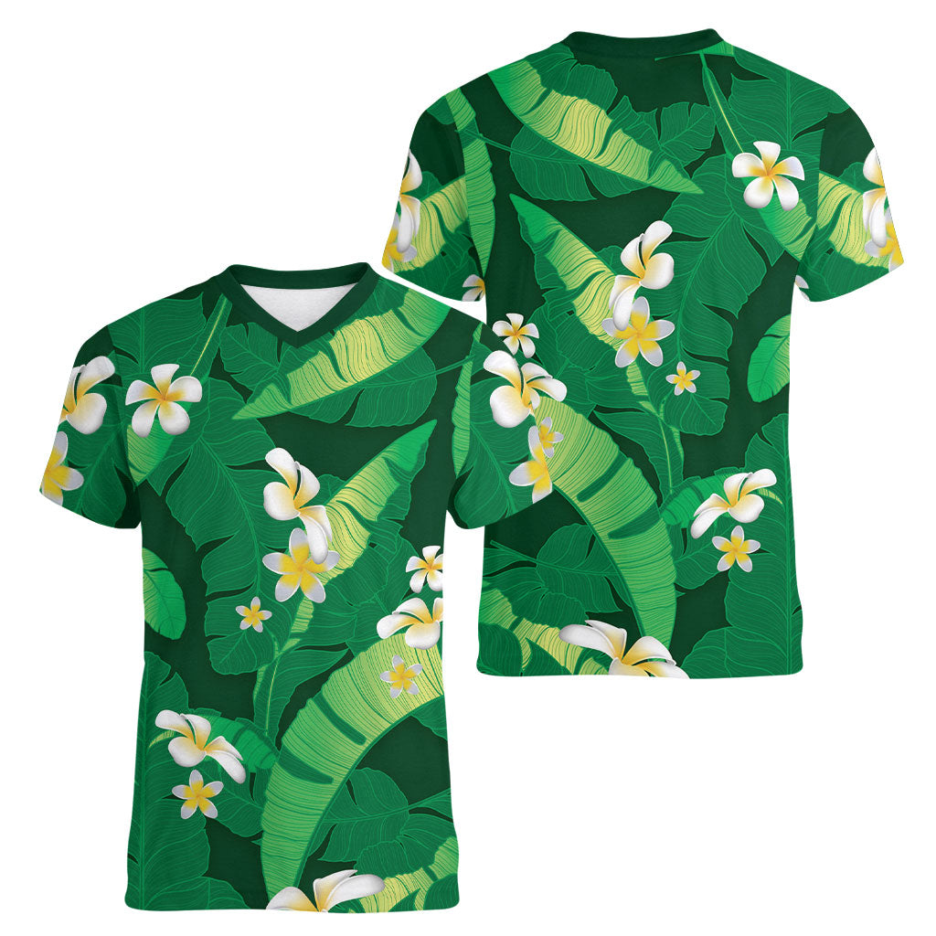 Green Banana Leaf Hawaii Women V-Neck T-Shirt Lau Maia Plumeria Tropical Summer Vibes LT14 - Polynesian Pride