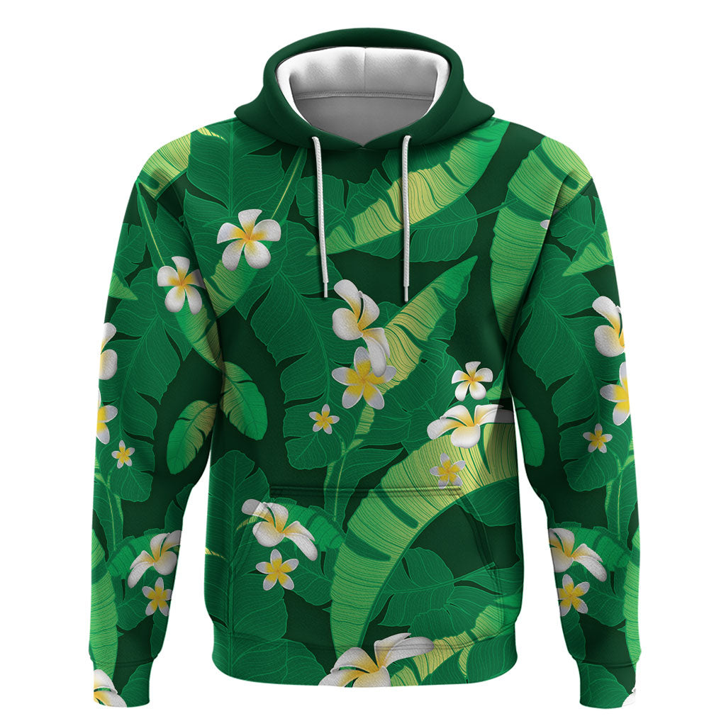 Green Banana Leaf Hawaii Zip Hoodie Lau Maia Plumeria Tropical Summer Vibes LT14 Pullover Hoodie Green - Polynesian Pride