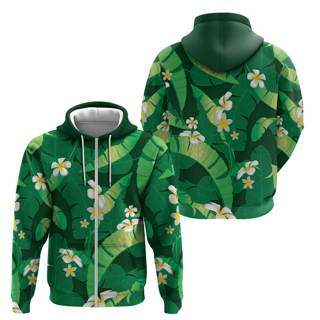 Green Banana Leaf Hawaii Zip Hoodie Lau Maia Plumeria Tropical Summer Vibes LT14 - Polynesian Pride