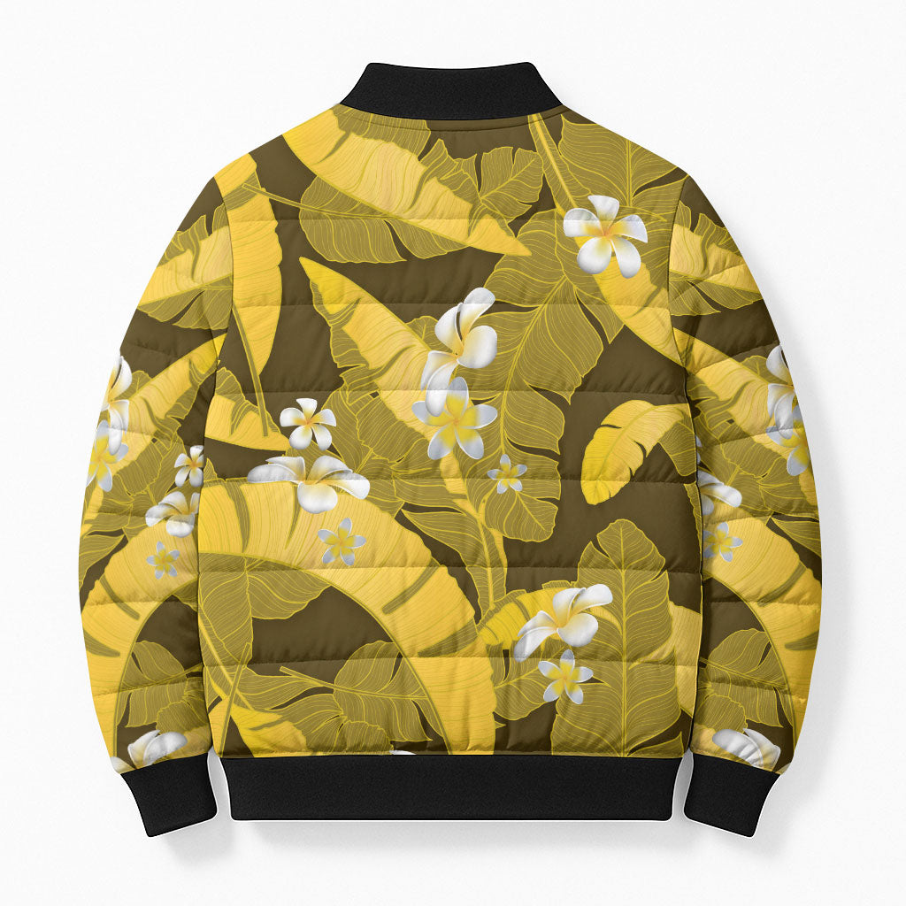 Yellow Banana Leaf Hawaii Bomber Puffer Jacket Lau Maia Plumeria Tropical Summer Vibes LT14 - Polynesian Pride