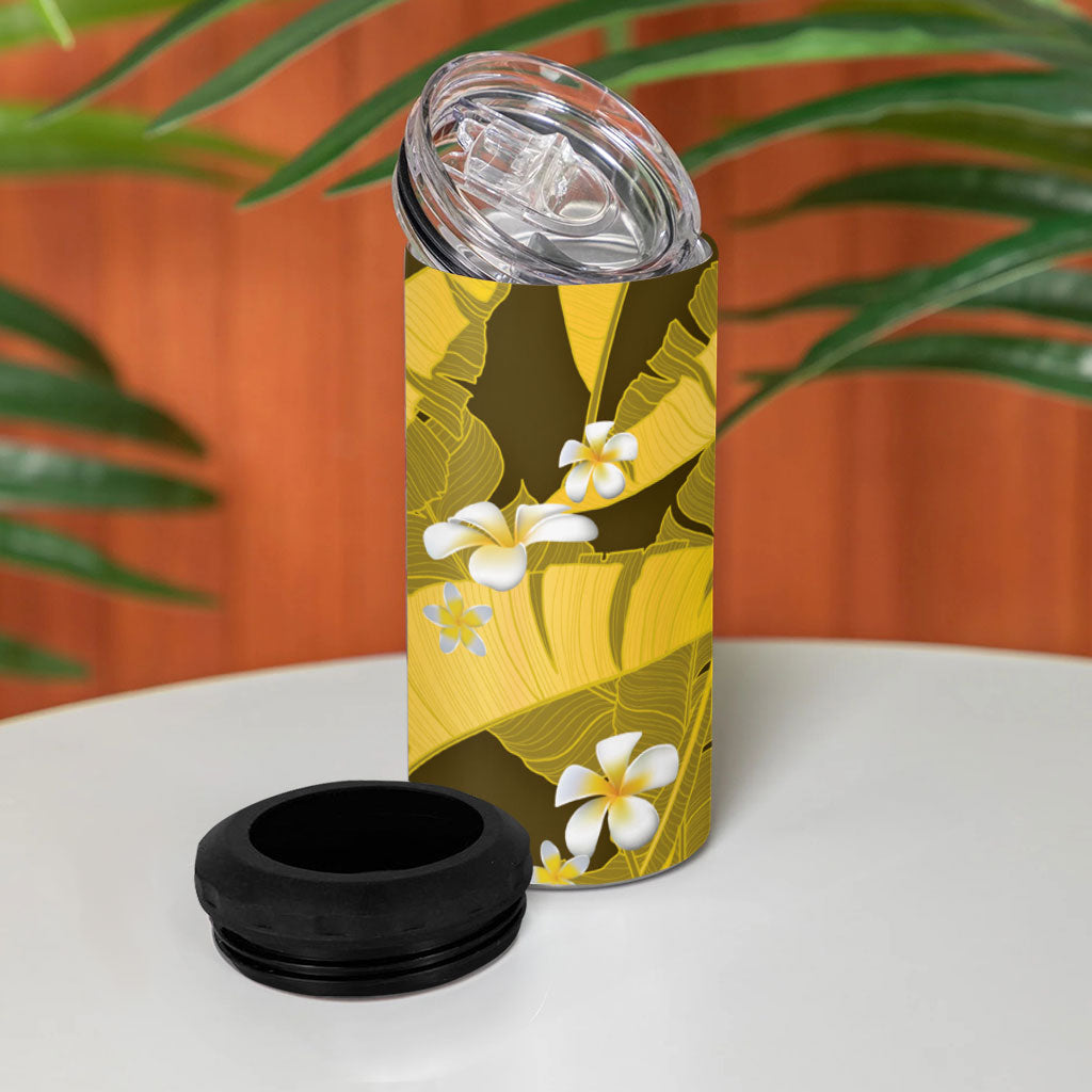 Yellow Banana Leaf Hawaii 4 in 1 Can Cooler Tumbler Lau Maia Plumeria Tropical Summer Vibes LT14 - Polynesian Pride