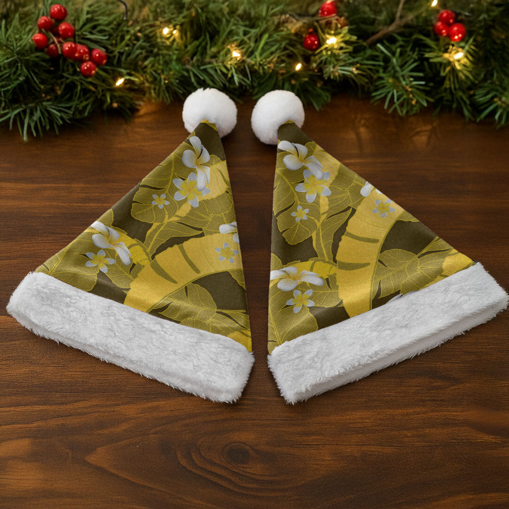Yellow Banana Leaf Hawaii Christmas Santa Hat Lau Maia Plumeria Tropical Summer Vibes