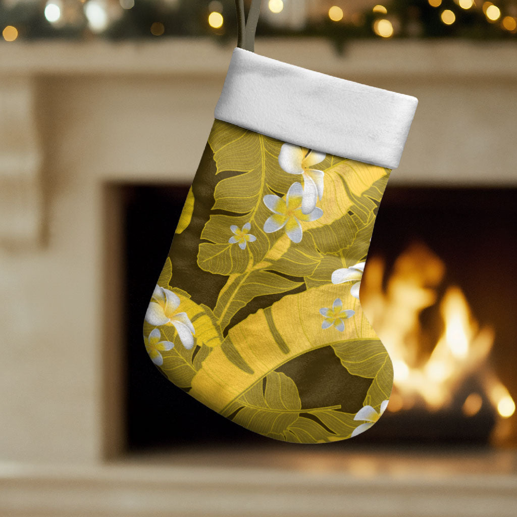 Yellow Banana Leaf Hawaii Christmas Stocking Lau Maia Plumeria Tropical Summer Vibes