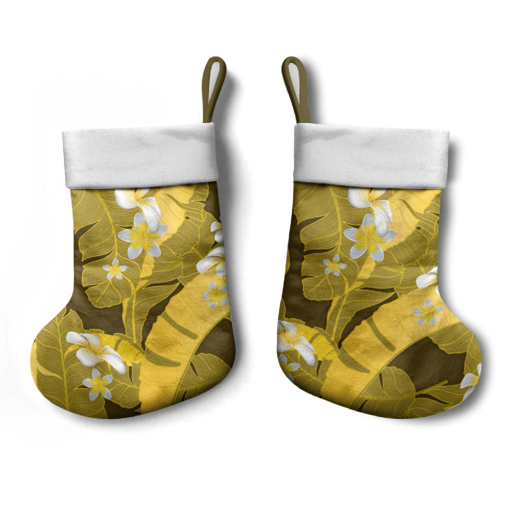 Yellow Banana Leaf Hawaii Christmas Stocking Lau Maia Plumeria Tropical Summer Vibes