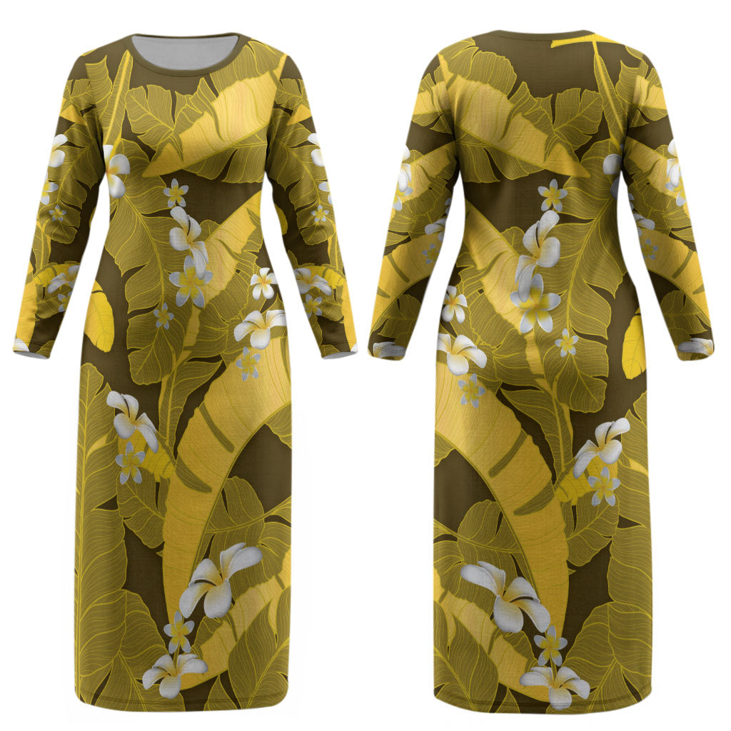 Yellow Banana Leaf Hawaii Couples Matching Long Sleeve Bodycon Dress and Hawaiian Shirt Lau Maia Plumeria Tropical Summer Vibes LT14 - Polynesian Pride